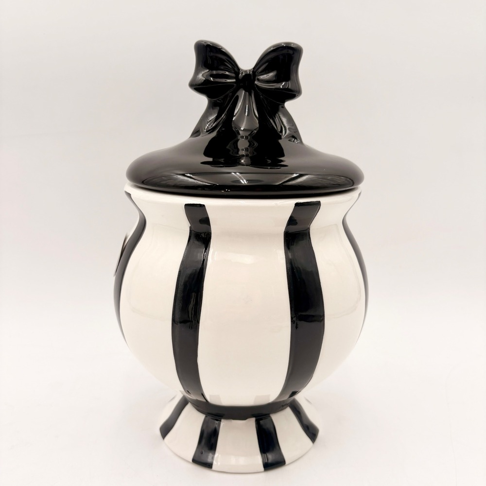 Petal &‎ Pearl Black White Striped Ceramic Canister Bow Lid Hand Painted